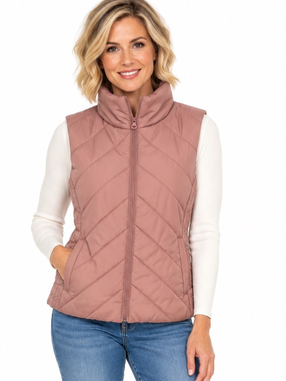 New York & Company Puffer Vest Size M Dusty Rose Pink Quilted Full Zip